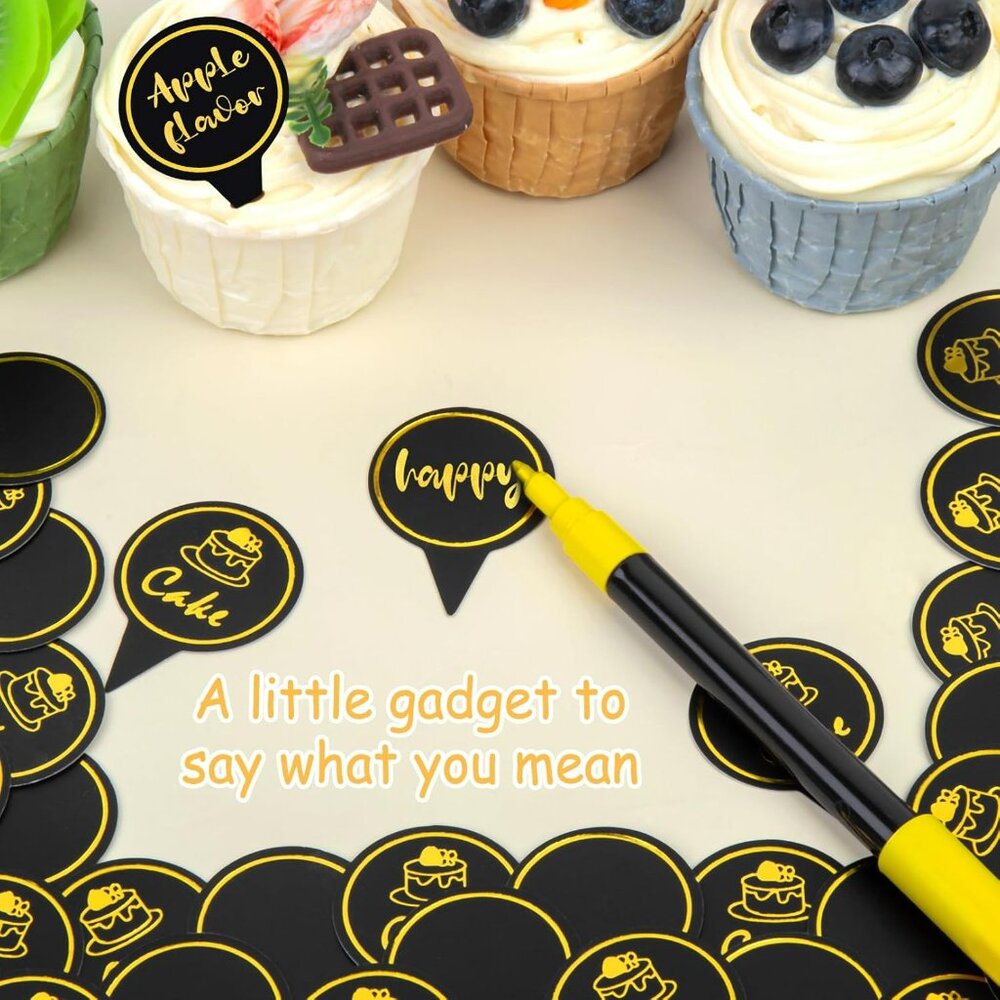 50 PCS Black and Yellow Cupcake Toppers with 1 Gold Pen - Perfect for Parties